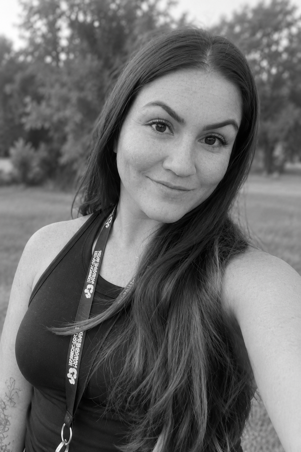 Black-and-white portrait of Kiley Oakley