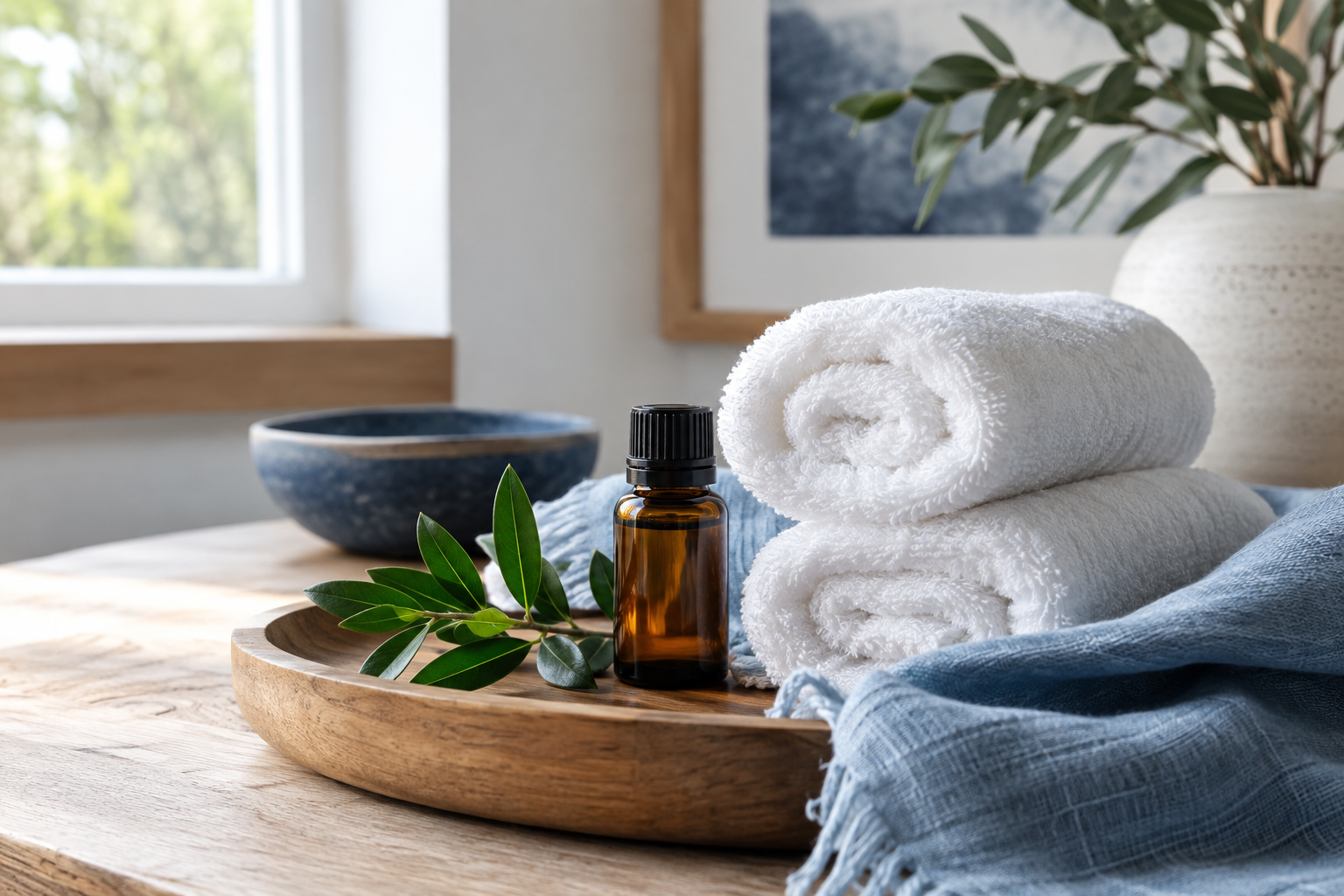 Aromatherapy oil and rolled towels on soft blue linen