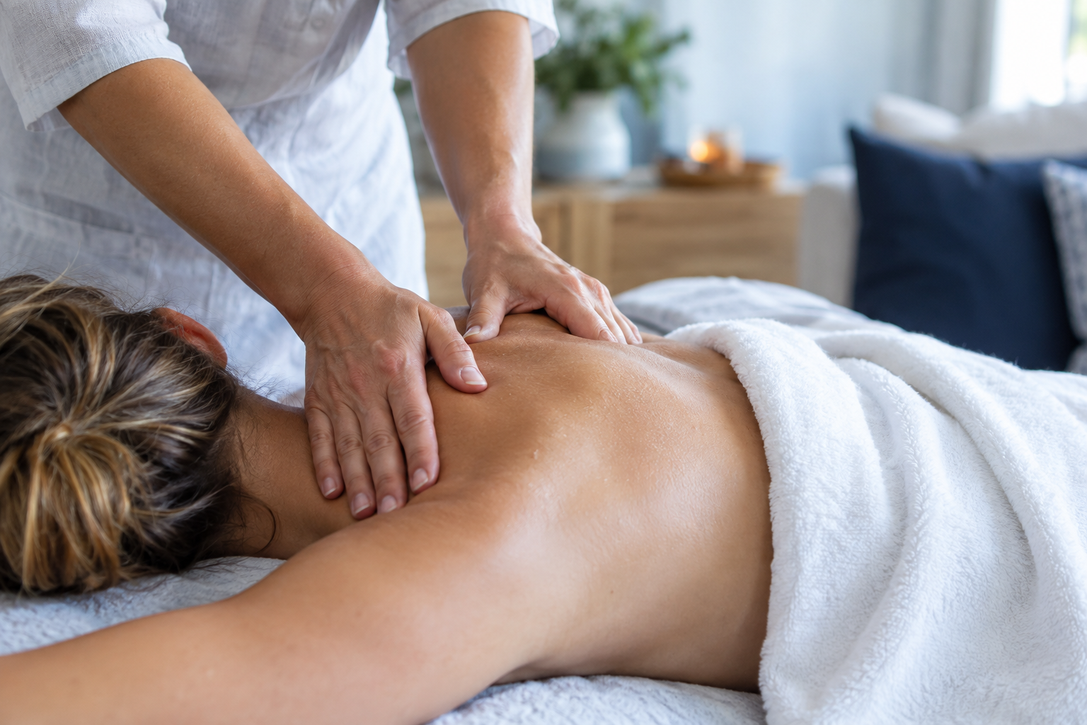 AI-created scene of a woman receiving a professional shoulder massage